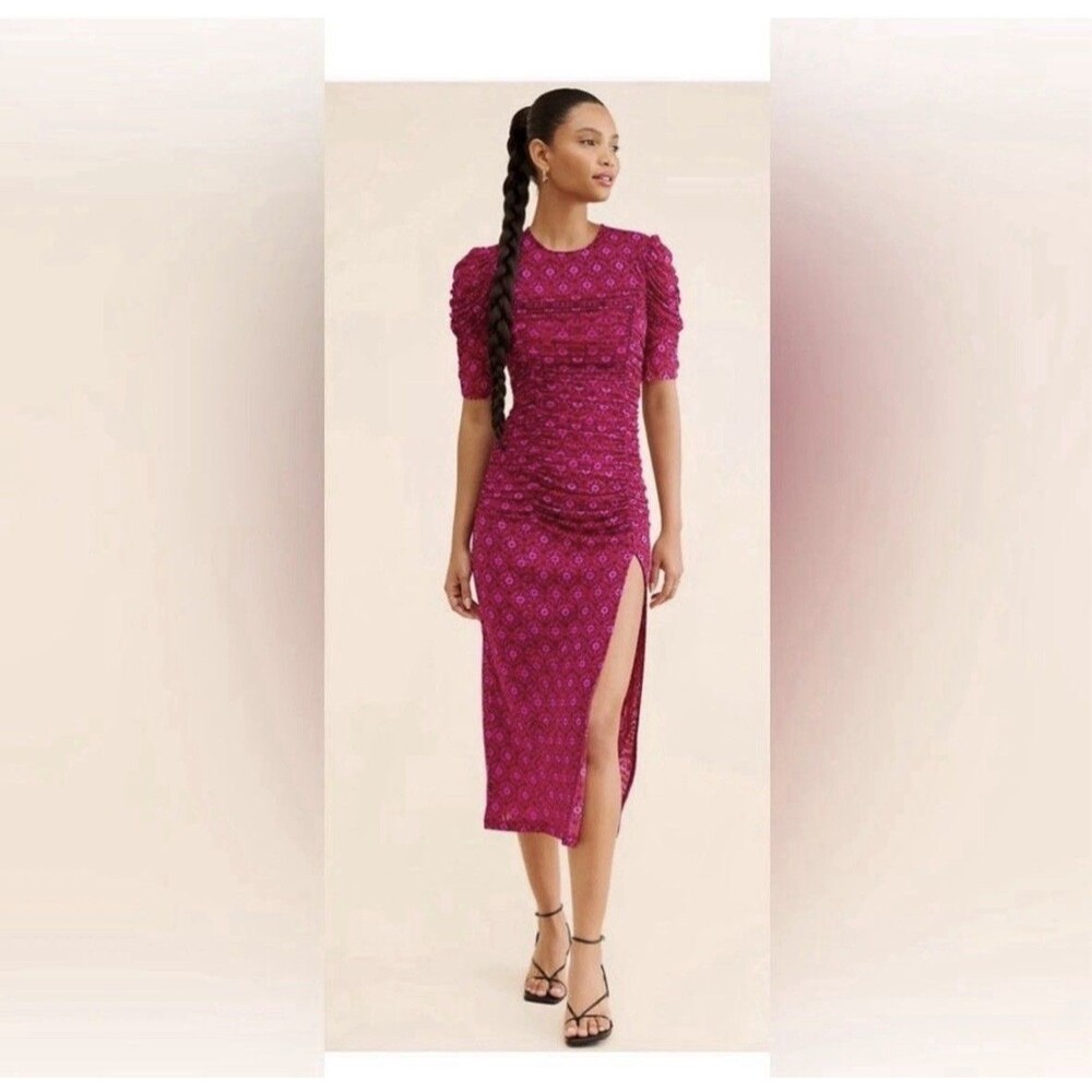 Free People Briella Ruched Midi Dress XS Pink Bodycon Floral Slit